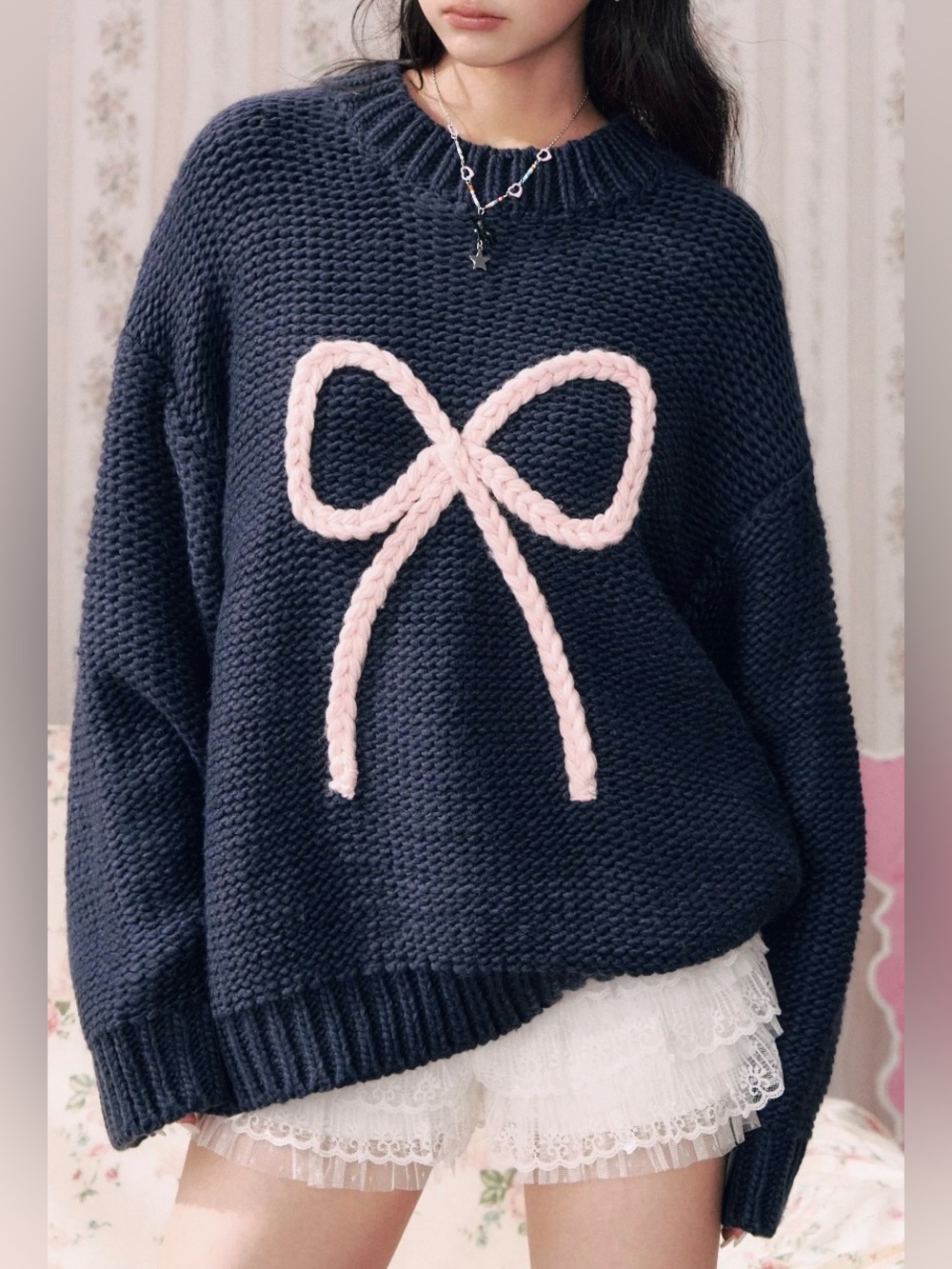 NWT - Cider Navy Pullover w Pink Bow Knot Detail.